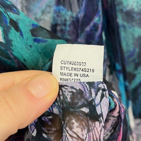 SINGLE City M Print Silk Long Sleeve Wrap Top Hi Low Sheer Multicolor Blue USA - Picture 9 of 10